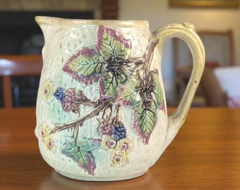 Antique Majolica Pitcher – 19th Century Blackberry Bramble Design – Possible Unmarked Wedgwood, Lavender Interior