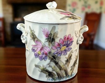 Antique European Porcelain Biscuit Jar – Swirl Molded Form with Hand Painted Florals and Gilding, c. 1880–1910