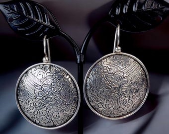 Vintage Silpada Sterling Silver Foo Lion Medallion Earrings | Guardian Lion Etched Dangle Earrings | Statement Sterling Jewelry