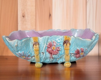 Antique Victorian Majolica Footed Bowl – Turquoise & Lavender Floral Ceramic Centerpiece, c. 1880s, English Style Pottery