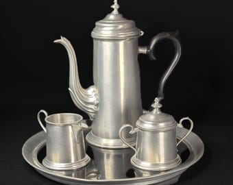 Vintage "Leonard" Hand Made English Pewter from Sheffield England 4 piece set - Coffee Pot, Covered Sugar, Creamer and Tray with Inset Glass