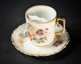 Antique Hand Painted Moustache Porcelain Teacup and Saucer Dresden Style Unmarked