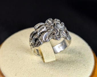 Vintage Sterling Silver Ring Size 9.25 – Artisan Floral Leaf Pattern – Nature Inspired 925 Statement Jewelry