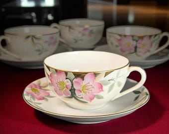 Vintage Noritake “Pink Azalea” Teacup & Saucer Set of 4 – Hand-Painted Japanese Porcelain