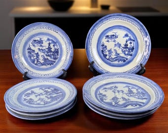 Antique Chinese Canton Porcelain Plate Pairs – 19th C Hand-Painted Blue & White – 7" Salad + 6" Bread – 1 to 4 Sets Available