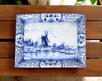 Vintage Porcelain Wall Plaque/Trinket Dish German Delft Style Blue White Windmill- Unknown Mark- Possibly Joseph Schachtel