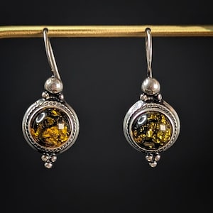 Vintage Green Baltic Amber 925 Sterling Silver Dangle Earrings