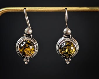 Vintage Green Baltic Amber 925 Sterling Silver Dangle Earrings