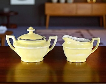 Vintage 1920s Czechoslovakia Art Deco Yellow Lusterware Creamer & Lidded Sugar Bowl, Bone China