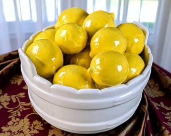 Vintage Italian Ceramic Lemon Basket Centerpiece – White Glazed Fruit Bowl with Handcrafted Lemons – 8" Wide x 6" Tall – Made in Italy