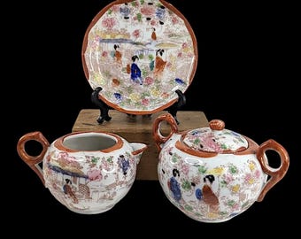 Set of Three Vintage Japanese Geisha Ware Pieces, Creamer, Sugar Bowl, and Saucer circa 1926-1945