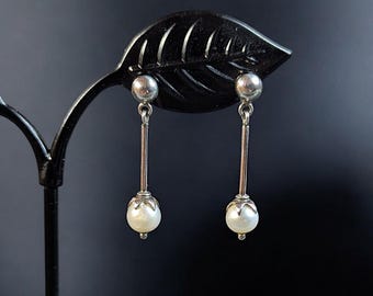 Vintage Sterling Silver Pearl Dangle Earrings – Mid-Century Modern Drop Jewelry – Classic Gift for Her