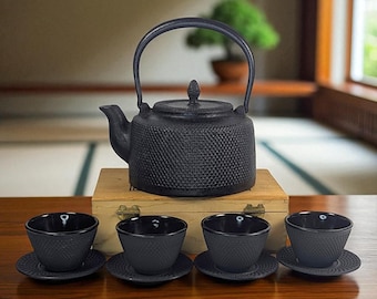 Vintage Japanese Cast Iron Tetsubin Kettle with Matching Cups & Saucers | Nanbu Tekki | Unlined Arare Pattern | 8-Piece Set