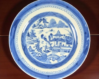 Antique Chinese Canton Blue and White Plate with Staple Repair –  c.1891–1920