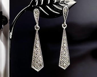 Vintage Sterling Silver and Marcasite Dangle Post Back Art Deco Earrings