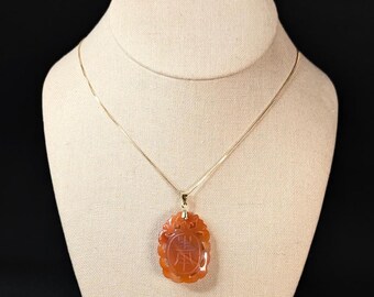 Vintage Chinese Carved Carnelian Pendant with gold over sterling, Shou Blessing of Longevity, Wu Fu 5 Bats