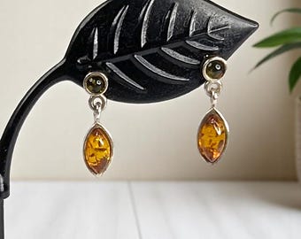 Dainty Sterling Silver and Baltic Amber Dangle Post Back Earrings 925