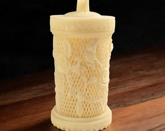 Vintage Celluloid Cocktail Fork Holder – 31 Ornate Forks with Lidded Floral Holder – 5.5” Tall – Mid-Century Barware or Hors d’Oeuvres Set