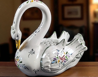 Large Vintage Portuguese Majolica Swan Flower Frog Centerpiece – Hand-Painted Ceramic Floral Arranger – 11.5” x 12”