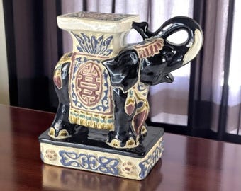 Mid-Century Chinese Ceramic Elephant Plant Stand – Hand-Painted Black Glazed Porcelain Pedestal – Chinoiserie Garden Stool – 8.25" Tall
