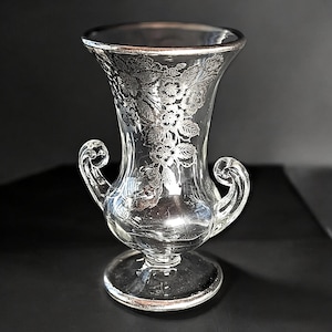 Fostoria Silver Overlay Vase – 6.5" Handled Urn-Shaped Glass Vase – Vintage American Elegant Glassware – Floral Silver Design