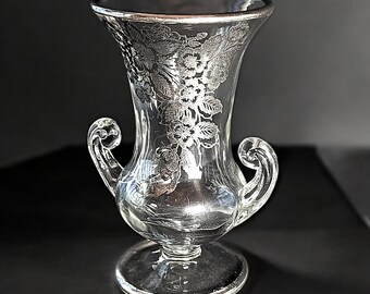 Fostoria Silver Overlay Vase – 6.5" Handled Urn-Shaped Glass Vase – Vintage American Elegant Glassware – Floral Silver Design
