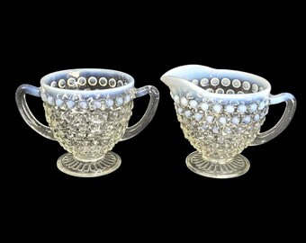 Set Anchor Hawking Hobnail Moonstone Creamer and Sugar Bowl