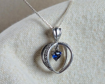 Vintage Sterling Silver Heart Pendant Necklace with Lab Sapphire & CZ