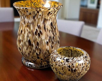Vintage 1980s Hand Blown Amber Tortoiseshell Glass Vases with Gold Flecks, Pair