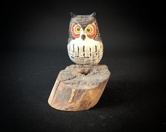 Vintage Russ Coburn Wooden Folk Art Great Horned Owl Carving, Signed