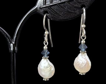 Sterling Silver and Coin Pearl Earrings with Blue Crystal Accents