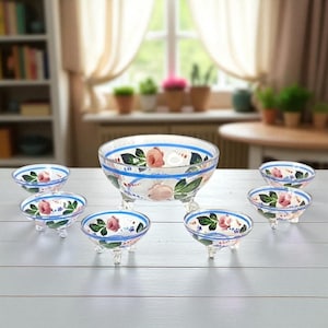 Vintage Bohemian Enamel Glass Berry Bowl Set: Hand-Blown Czech 1950s