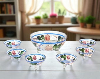 Vintage Bohemian Enamel Glass Berry Bowl Set | Hand Blown Czech Glass 1950s | Painted Roses & Blue Threading | Master Bowl + 6 Mini Bowls