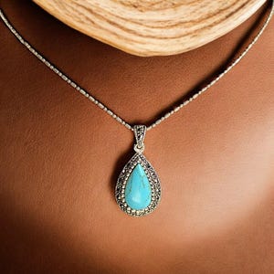 Vintage Sterling Silver Turquoise Necklace: Marcasite Teardrop Pendant, 18&quot; Chain