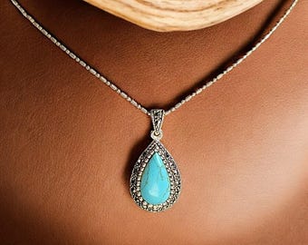 Vintage Sterling Silver Turquoise Pendant Necklace | Genuine Marcasite Accents | 925 SLC | 18" Bead & Bar Chain | Teardrop Gemstone Jewelry