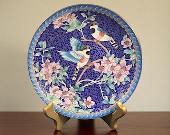 Vintage Ching T’ai Lan Cloisonné Plate – Long Tailed Titmouse Bird & Blossoms with Stand
