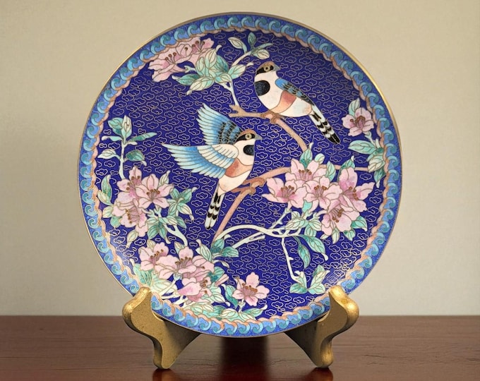 Featured listing image: Vintage Ching T’ai Lan Cloisonné Plate – Long Tailed Titmouse Bird & Blossoms with Stand