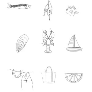 May include: Line art illustration of various summer and nautical themed objects. Includes a fish, buoys, blueberries, an oyster, a lobster, a sailboat, a bikini, a tote bag, and a lemon slice.
