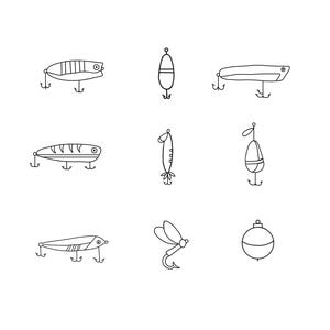 May include: Nine black and white line drawings of fishing lures and tackle. The illustrations depict different types of lures, including minnow-shaped, oval, and a dragonfly design, each with attached hooks, suitable for angling.