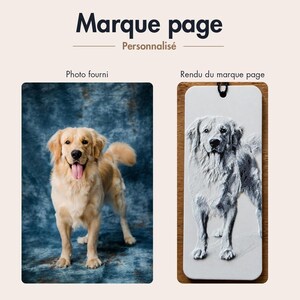 Puede incluir: Un marcapáginas personalizado con un relieve de un golden retriever. La imagen muestra una foto de referencia de un golden retriever sobre un fondo azul texturizado junto al marcapáginas blanco con un cordón negro para colgar.