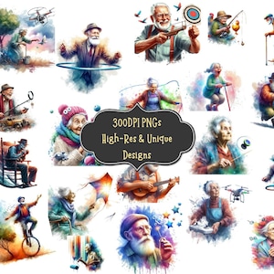 58 Funny Old People Watercolor Clipart PNG Bundle with Watercolor PNG Clipart Files for Cards Wall Art Sublimation Projects Scrapbooking