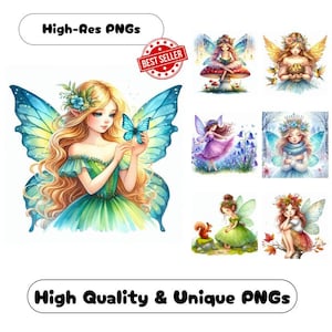 48 Cute Fairy Watercolor Clipart PNG Images, Charming Fairy Clipart Bundle Commercial Use Graphics For Sweet Fairy Wall Art PNG Designs