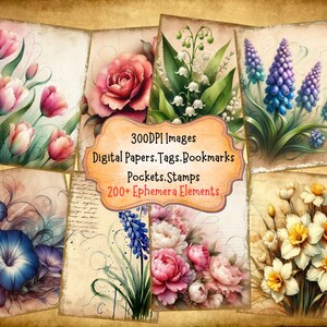 Wet Watercolor Spring Florals Junk Journal Kit With Digital Papers Pockets Tags Labels Stamps Bookmarks Printable Ephemera For Paper Crafts