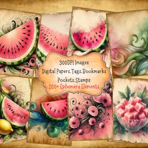 Pink Watermelon Junk Journal Kit With Digital Papers Printable Images Scrapbook Papers Digital Ephemera Tags Bookmarks Tags Paper Crafts