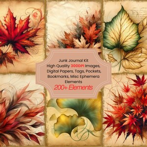 Autumn Leaves Junk Journal Kit With Digital Papers, Printable Ephemera Collage Sheets Tags Pockets And Vintage Ephemera for Paper Crafts