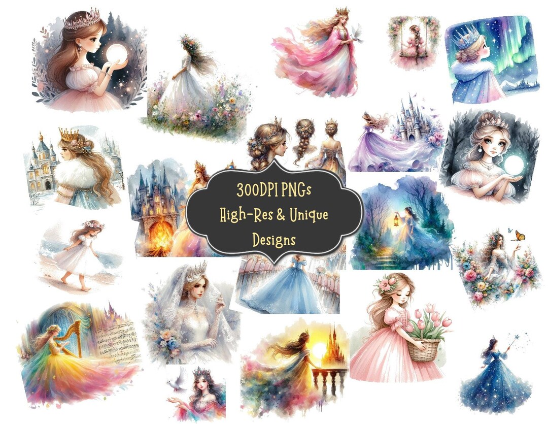 51 Princess Watercolor Clipart PNG Bundle: PNG Art for Digital Download ...