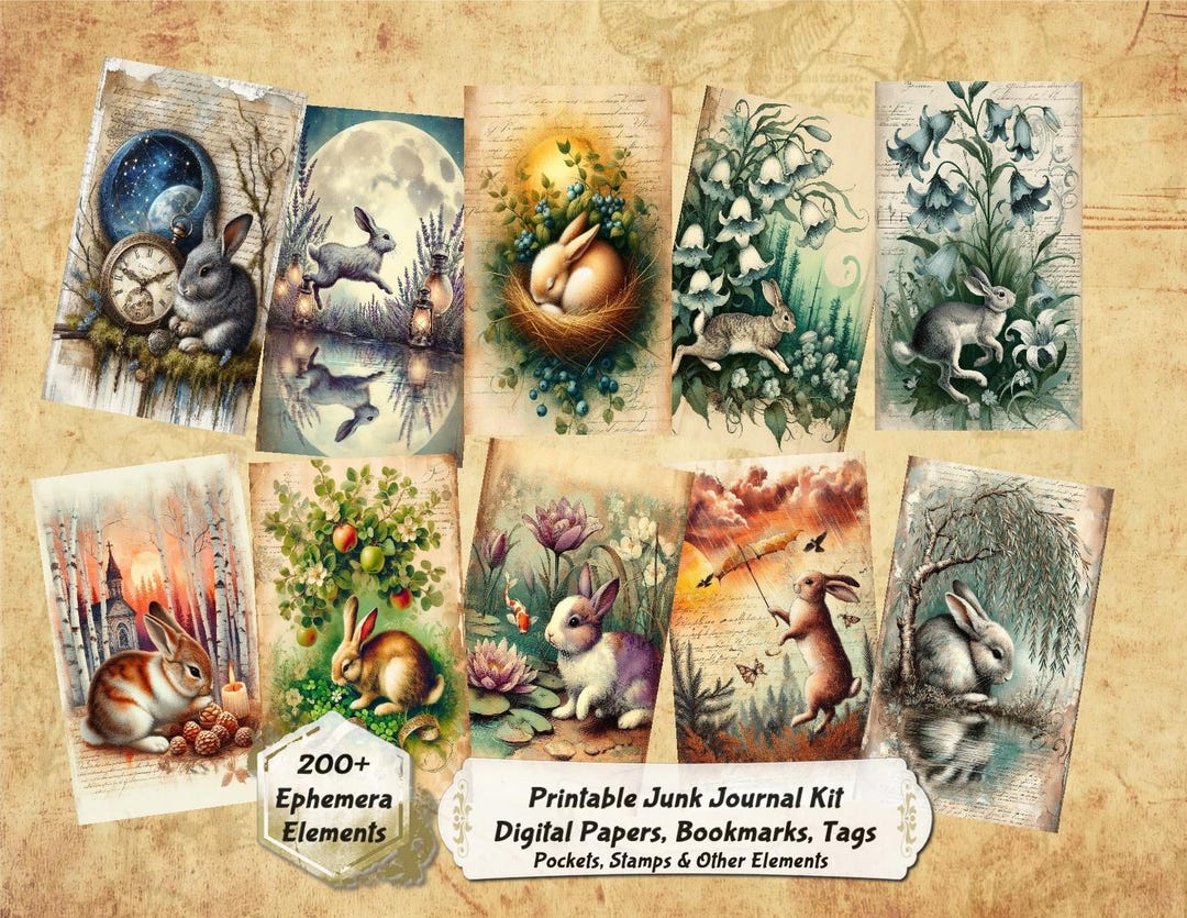 Bunny Rabbit Junk Journal Kit: 50 Rabbit Digital Papers & Ephemera ...