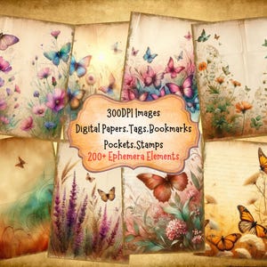 Cottagecore Butterfly Field Junk Journal Kit With Digital Papers Printable Papers Clipart Digital Ephemera Bookmarks And Tags for Crafts