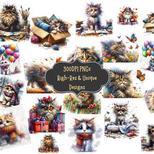 23 Frazzled Cat Watercolor Clipart PNG Bundle with Digital Download PNG Files for Diy Crafts Wall Art Scrapbooking Invitations Stickers