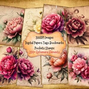 Peony Junk Journal Kit With Digital Papers Digital Kit Printable Journal Digital Ephemera Pockets Labels Bookmarks Tags Paper Crafts